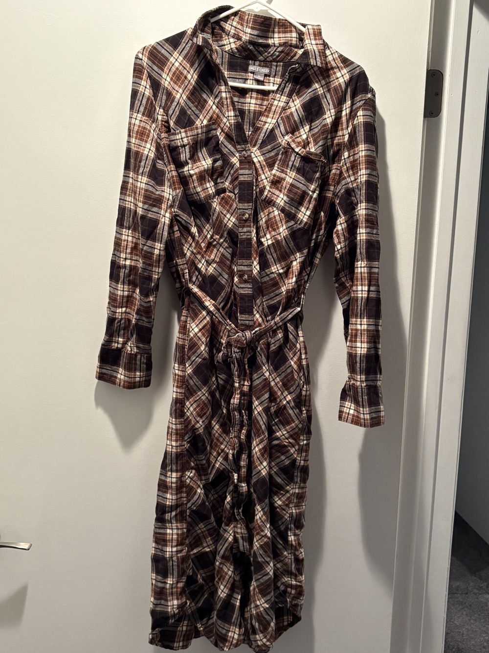Falls Creek Brown and Cream Plaid Maxi Shirt Dress